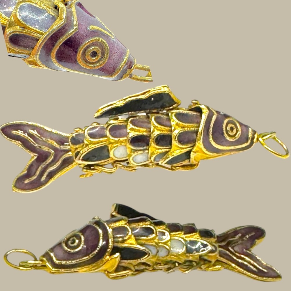 Vintage Chinese Silver Filigree Cloisonné Enamel Articulated Koi Fish Pendants - Picture 8 of 9